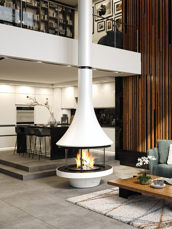 White JC Bordelet Eva Luxury Suspended Fireplace in 70s styled room.