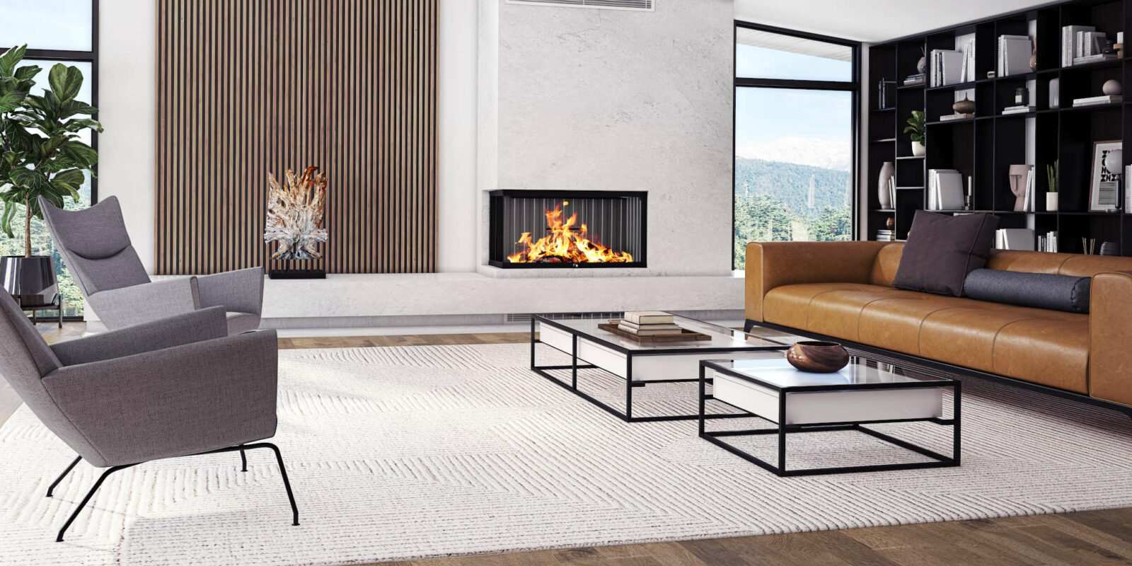 LUXUS® 40 Corner Left Guillotine Wood Fireplace in a living room.